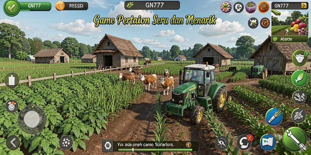 Screenshot gameplay GN777 menunjukkan aktivitas bertani yang seru.