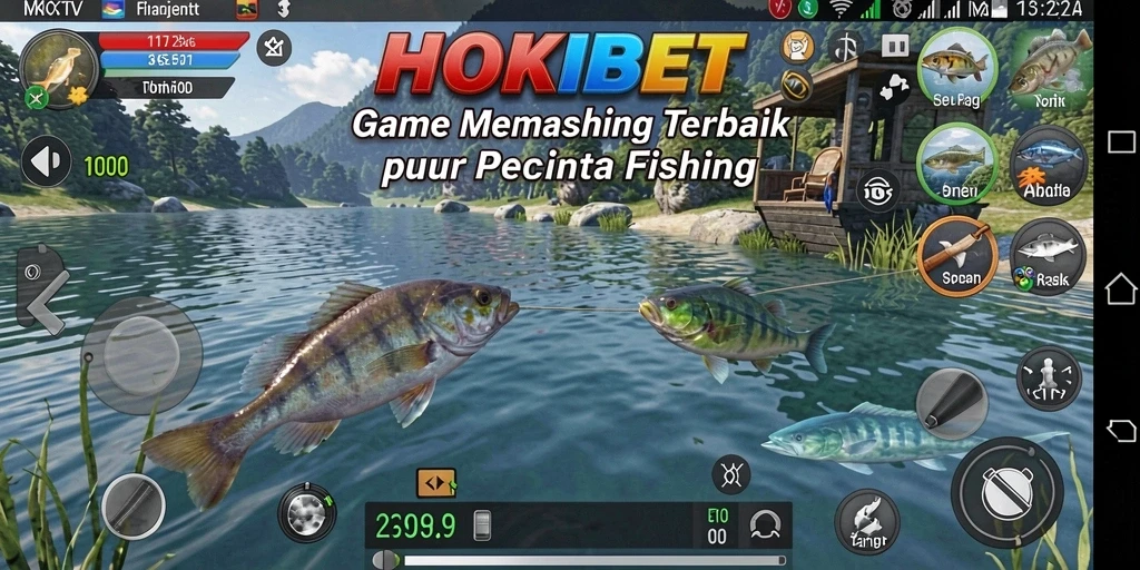 Gameplay HOKIBET dengan ikan yang melompat-lompat di air.