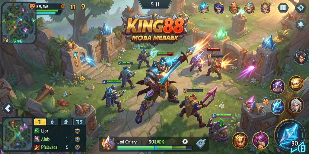 Screenshot KING88 menampilkan aksi seru karakter dalam pertempuran MOBA.