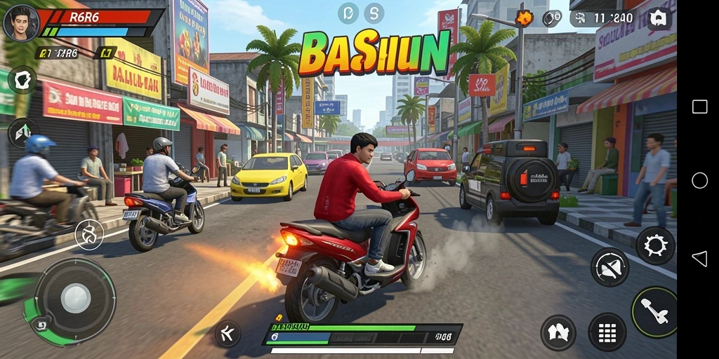 Tampilan gameplay R6R6 dengan balapan yang mendebarkan.