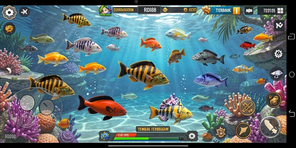 Screenshot gameplay RDI88 menunjukkan aksi menembak ikan yang seru.