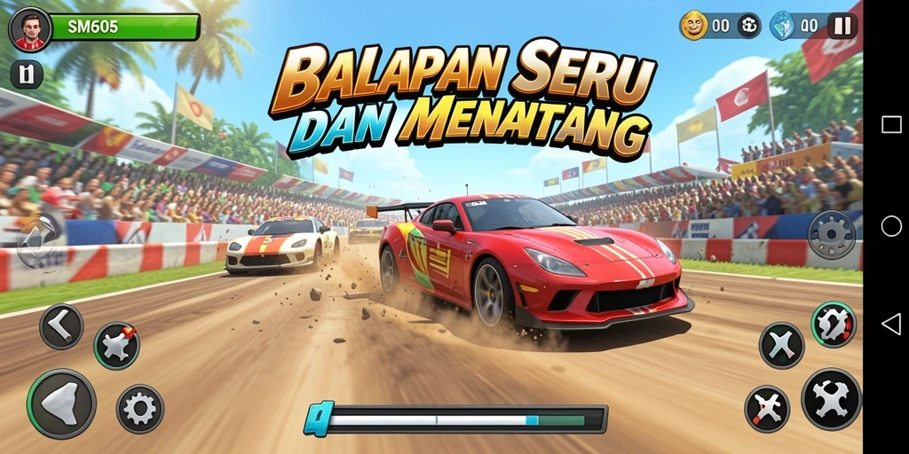 Tampilan gameplay SM605 menunjukkan balapan seru dan mobil yang memukau.