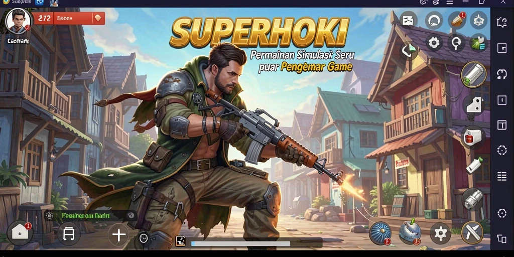 Screenshot utama SUPERHOKI menampilkan karakter dalam suasana simulasi yang hidup.