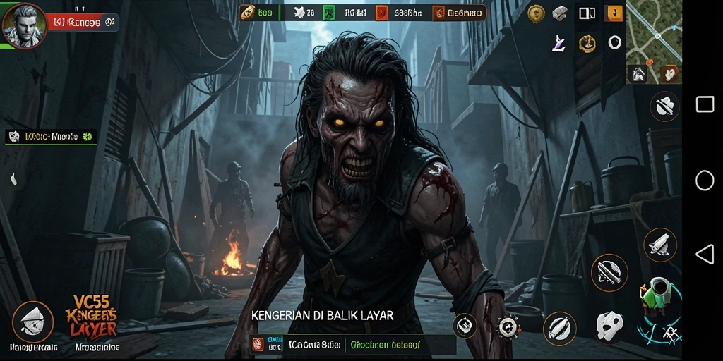 Screenshot menunjukkan suasana menegangkan dengan karakter menghadapi makhluk Horror.